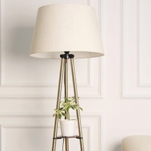 Home Divine Trends 3 Shelves Floor Lamp Brass Antique Finish 5 Feet Height with 16” Diameter Off White Shade for Living Room, Bedroom, Home Decoration | Led Bulb Included - Pack of 1